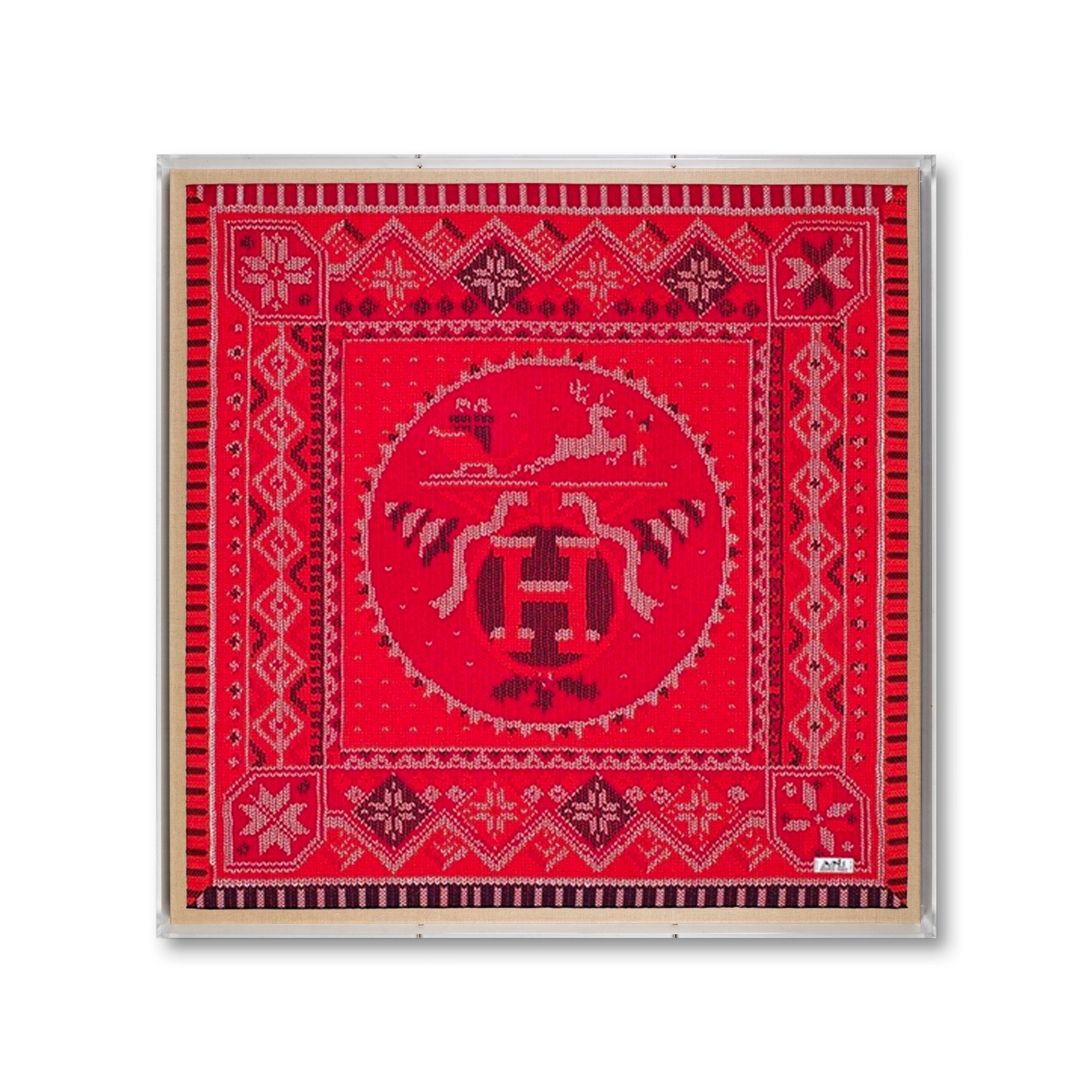 Framed Hermès Red Au Coin Du Feu Silk Scarf in 36x36x2 Shadowbox