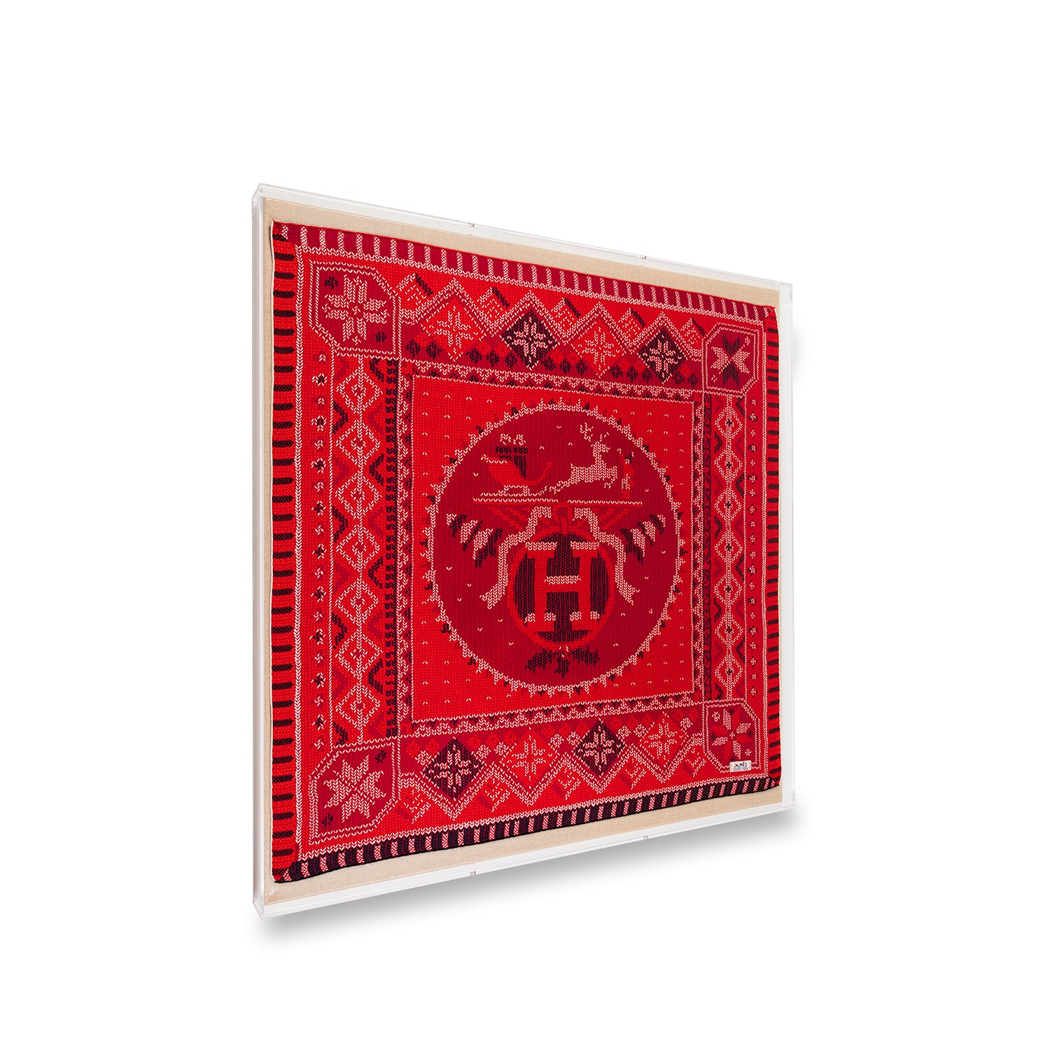 Framed Hermès Red Au Coin Du Feu Silk Scarf in 36x36x2 Shadowbox