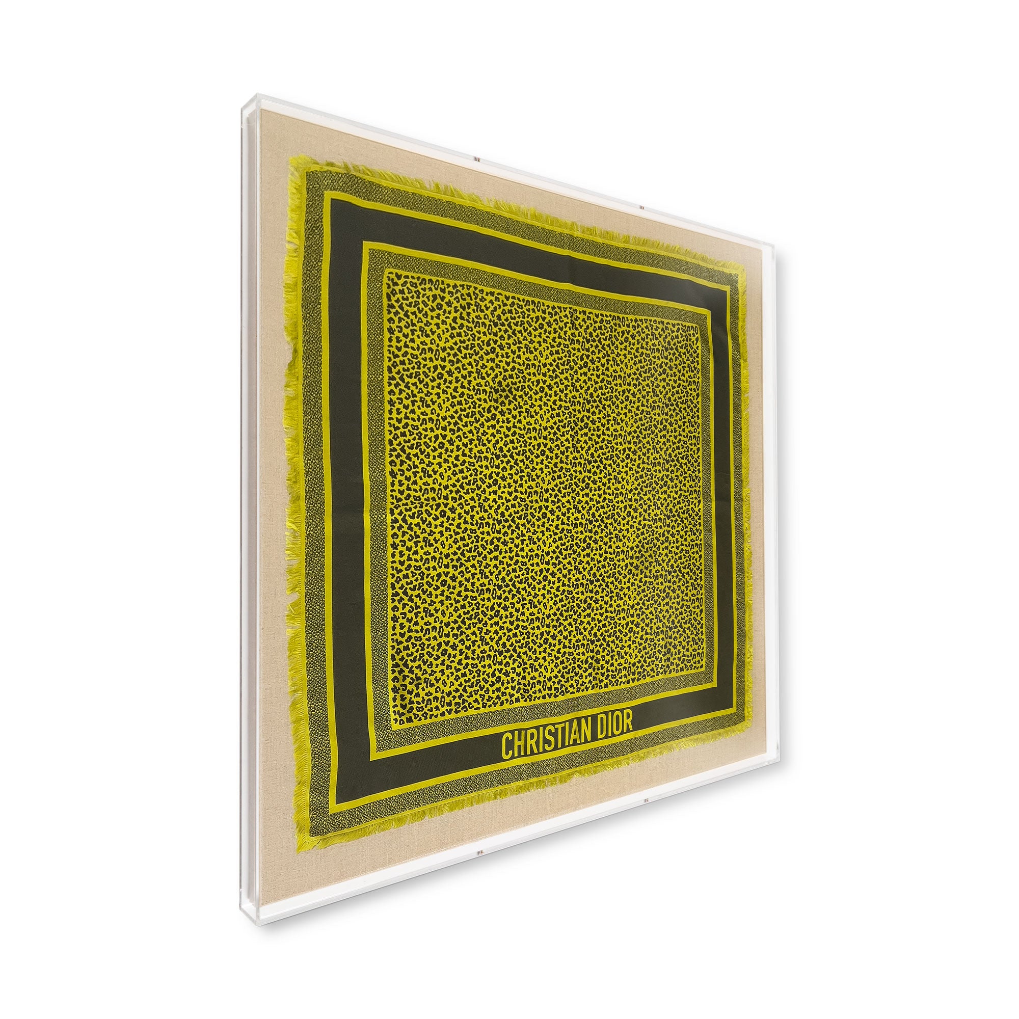 Framed Christian Dior Yellow Leopard Scarf in a 30x30x2 Shadowbox
