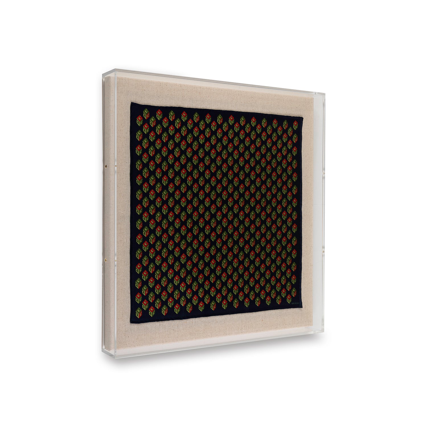 Framed Gucci Patterned G Squares Scarf Blue and Red in a 20x20x2 Shadowbox