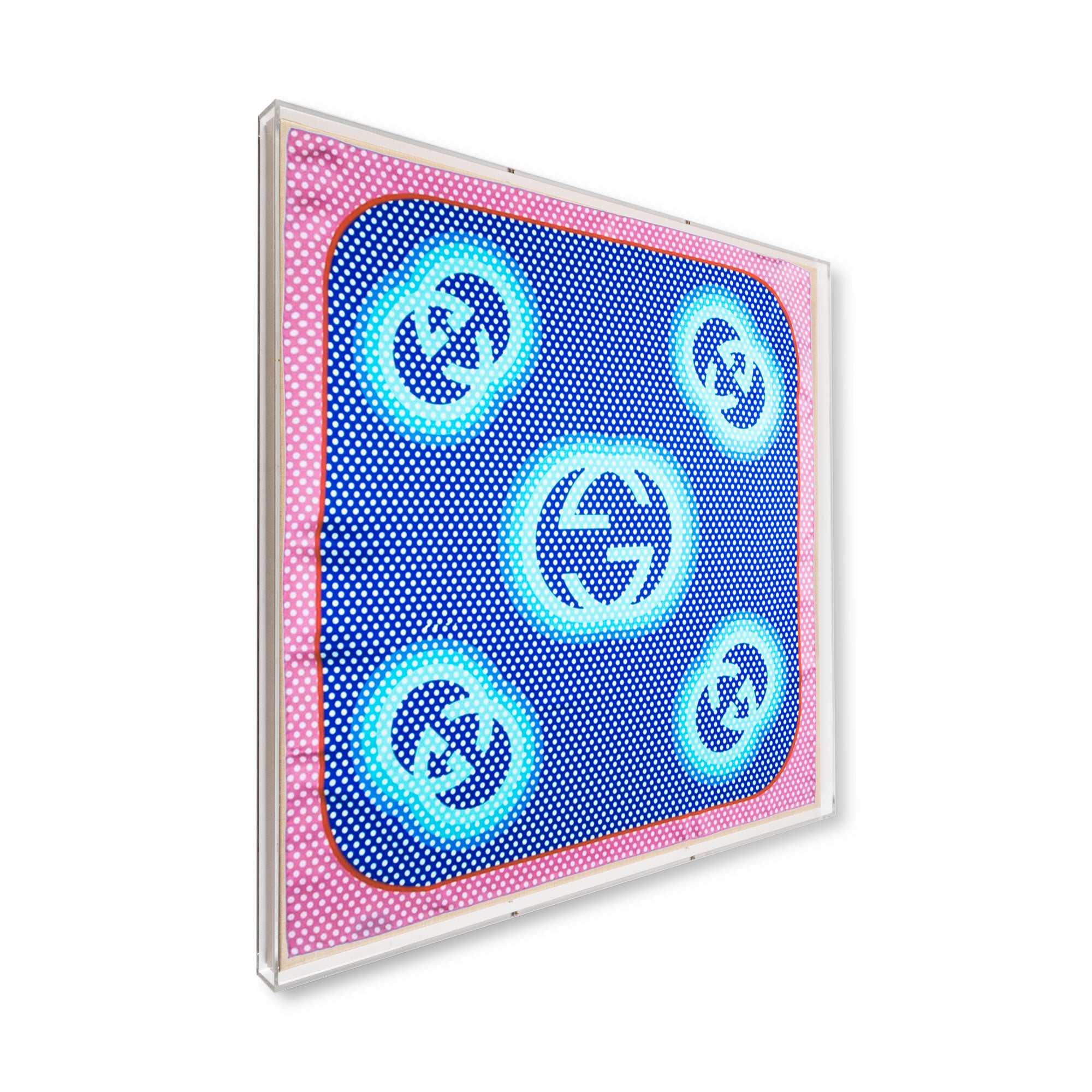 Framed Gucci Pop Logo Teal & Purple Scarf in a 36x36x2 Shadowbox