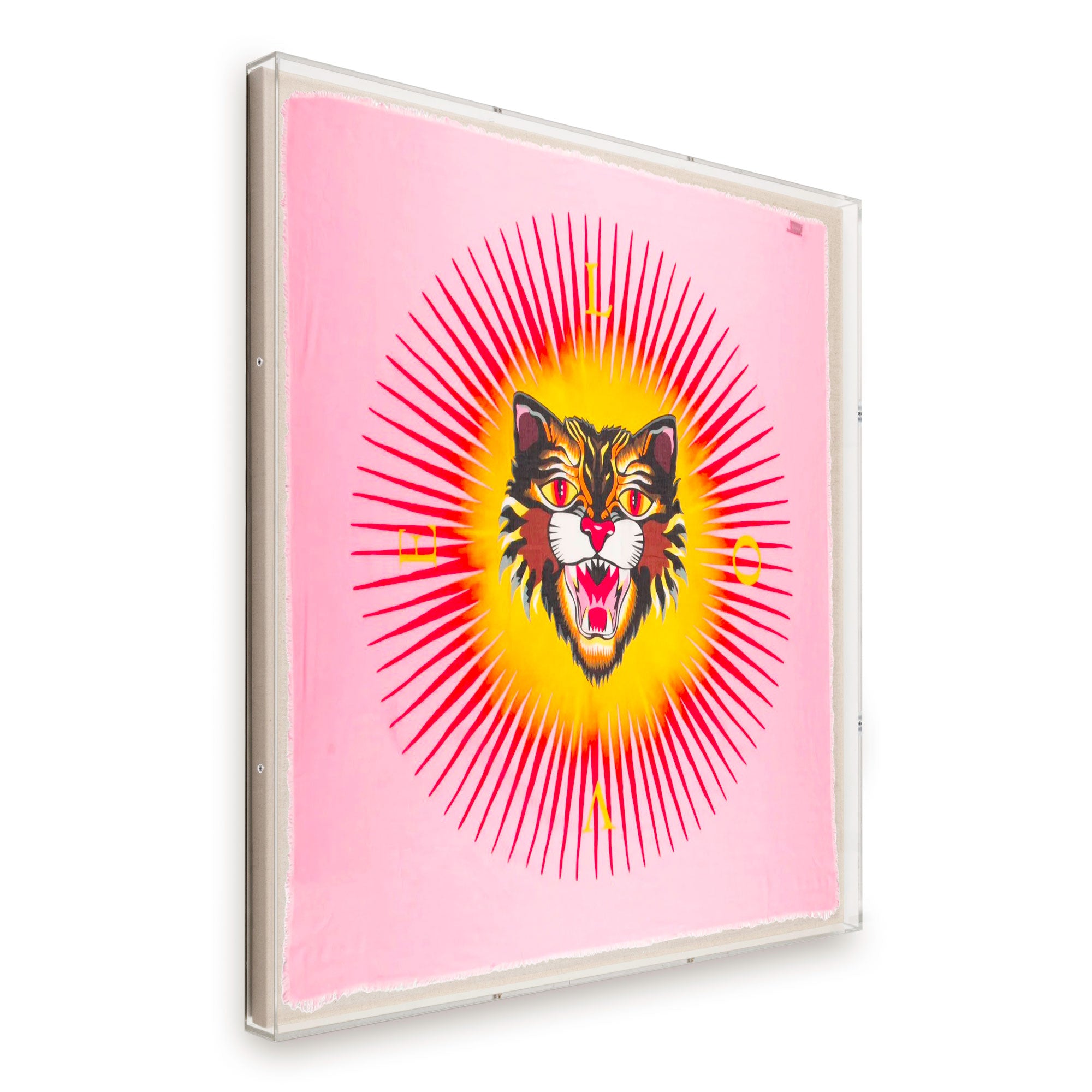 Framed Gucci Angry Cat PINK LOVE XL GG Supreme Silk Scarf 58x58x2 Shadowbox