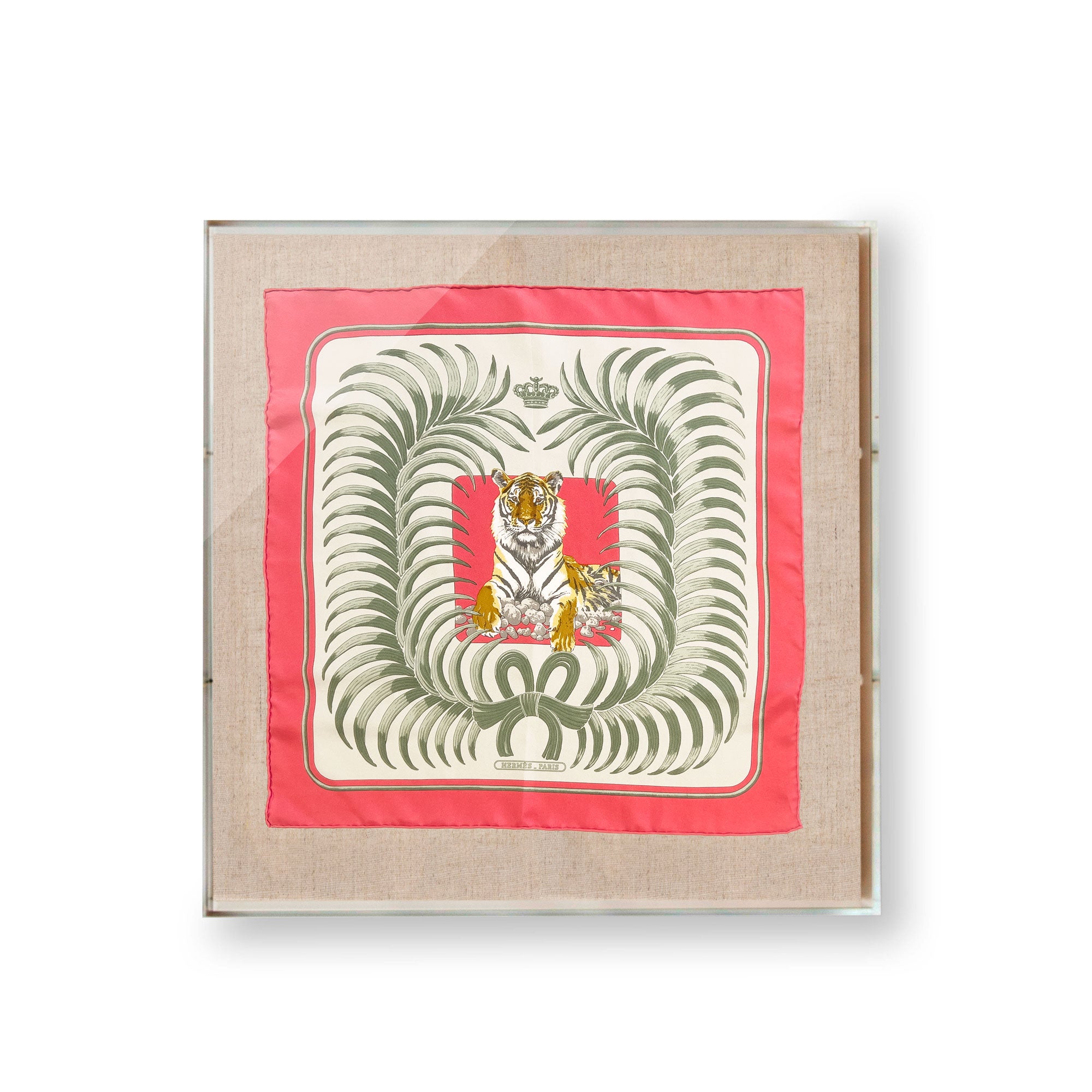 Framed Hermès Tiger Royal Pink Scarf in a 20x20x2 Shadowbox