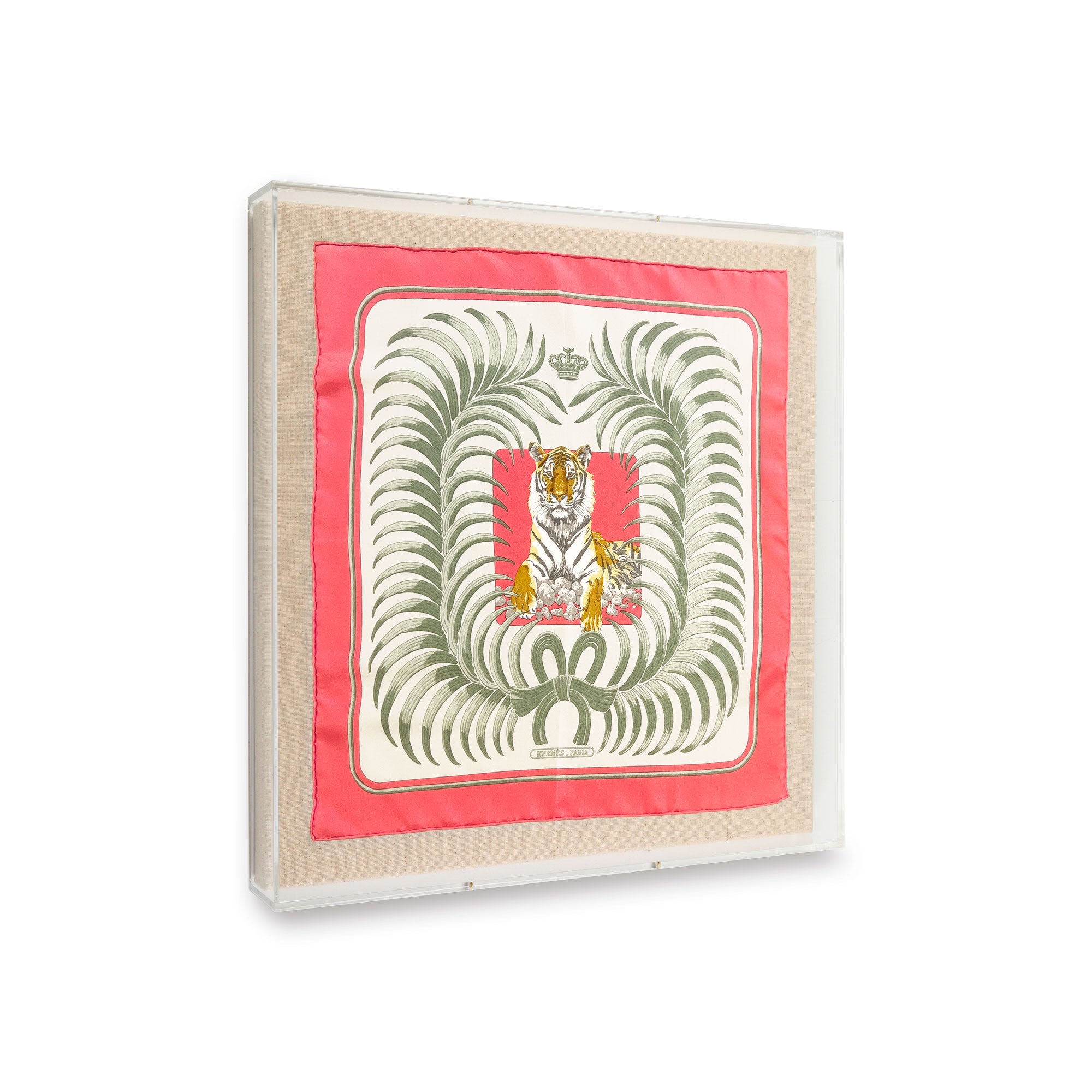 Framed Hermès Tiger Royal Pink Scarf in a 20x20x2 Shadowbox