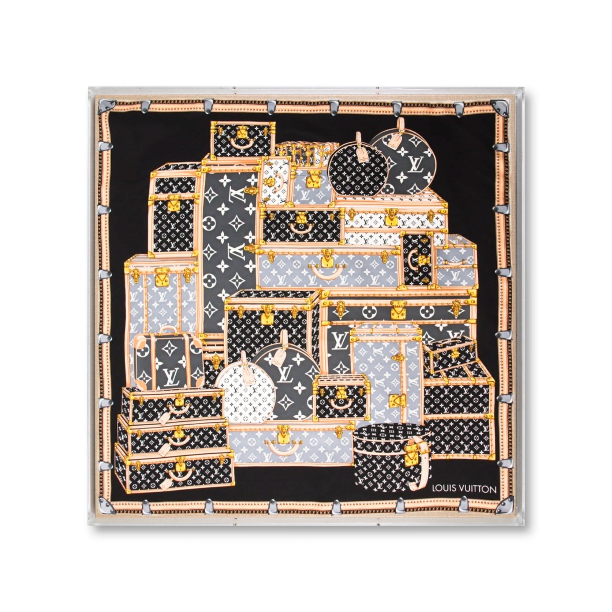 Framed Louis Vuitton Trunks Scarf in 36x36x2 Shadowbox