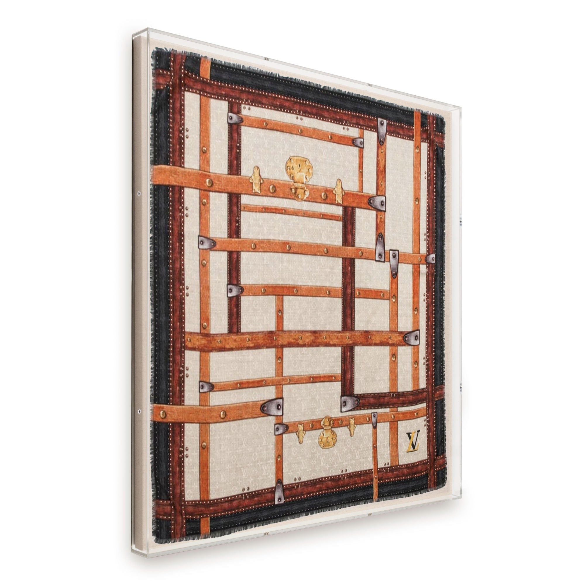 Framed Louis Vuitton XL Trunks Scarf in 58x58x2 Shadowbox