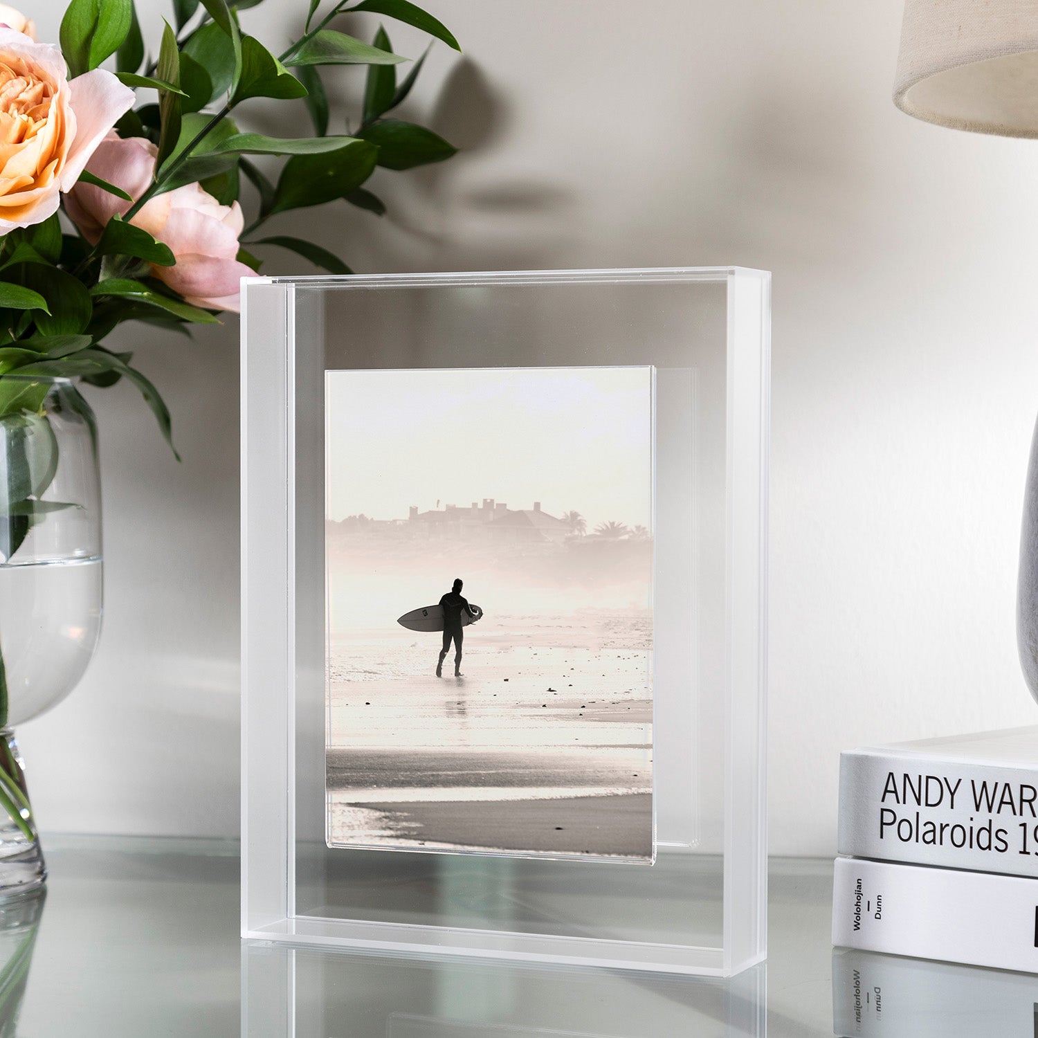 Clear Frost Float Frame for Tabletop or Wall with Magnetic Photo Holder